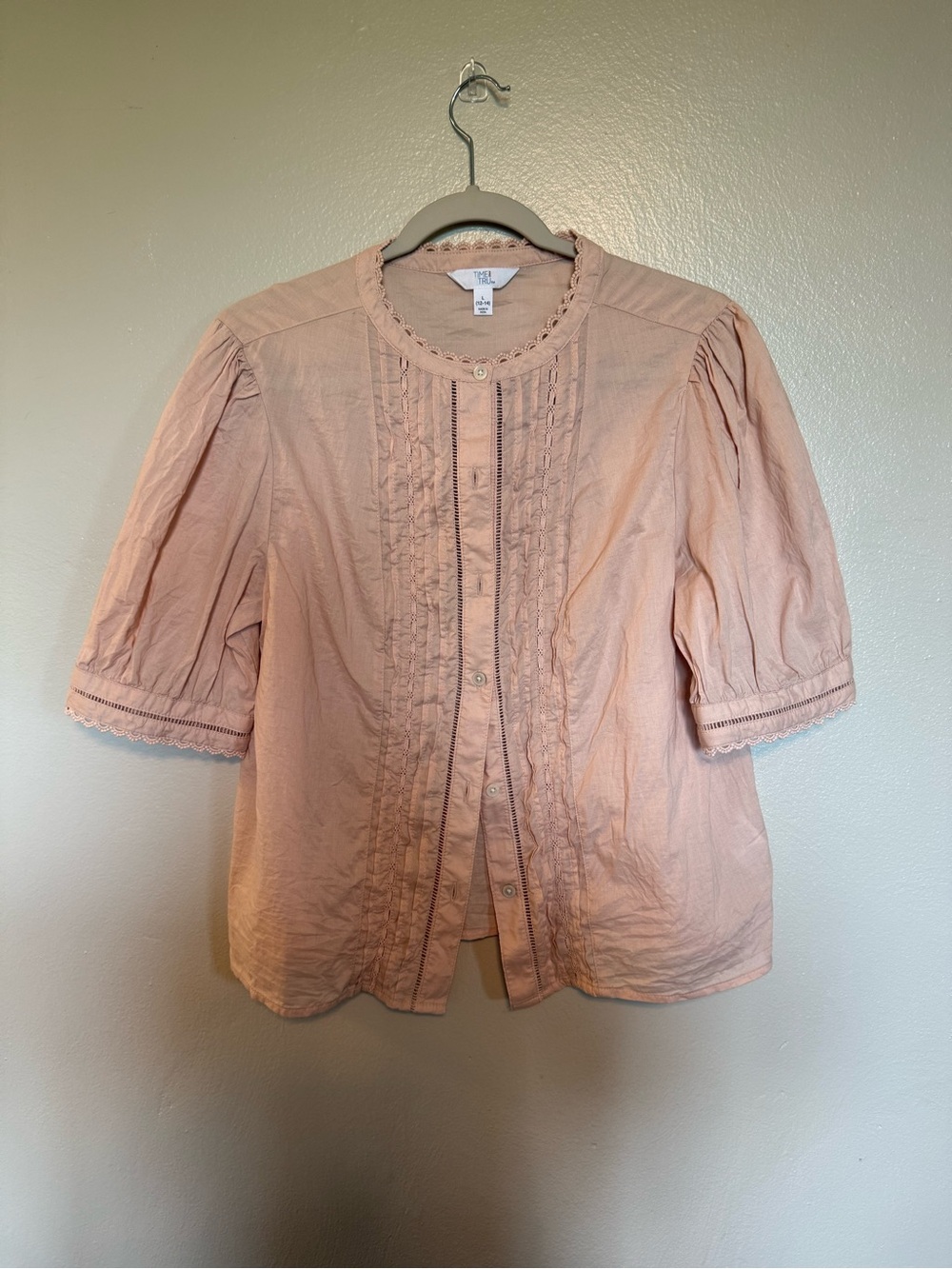 Time and Tru Peach Button-Front Lace Trim Blouse